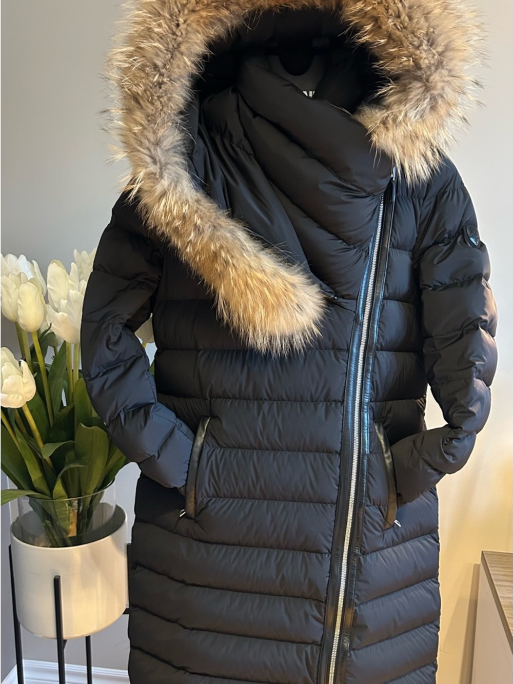 RUDSAK Black Quilted Down Puffer Coat with Natural Fur-Trim Hood